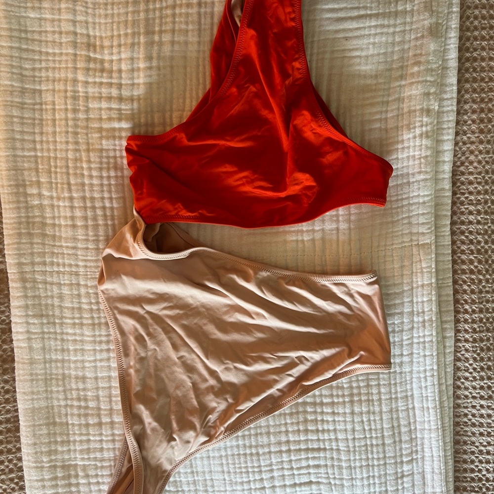 Vibrant Red and Tan One Piece w/ Cut Out